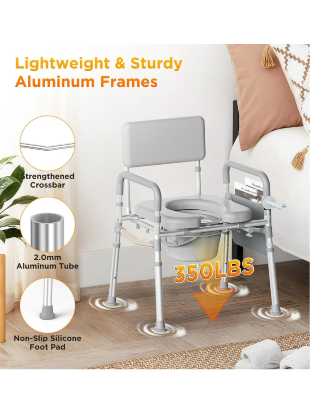 Steadyjoy Bedside Commode Chair Padded Seat Backrest 350lb Portable Toilet